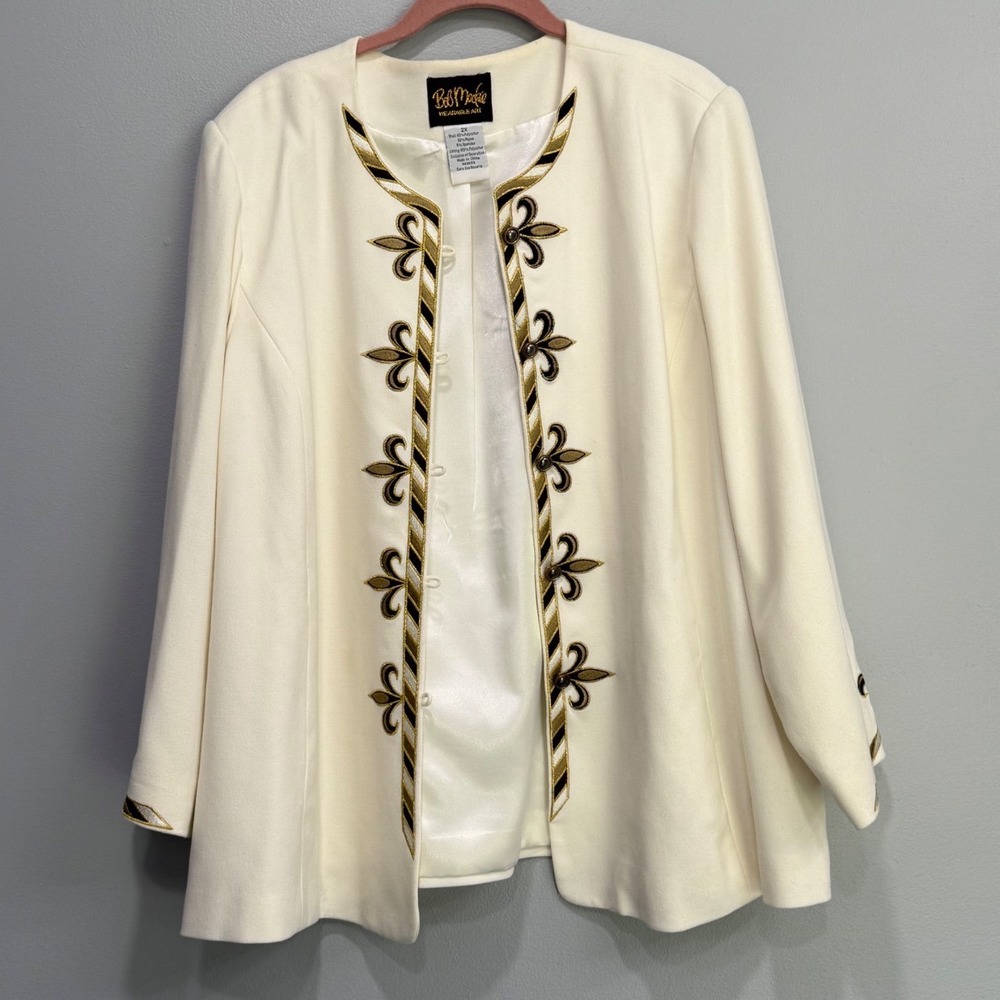 Bob Mackie Wearable Art Womens 2X Cream Embroidered Fleur-de-lis Open Jacket